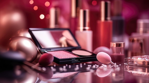 Abstract pink glittering background with professional makeup products Luxury beauty industry accessories Generation ai