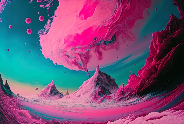 Abstract pink moving acrylic paints on a fluid backdrop with the ocean and space in the background