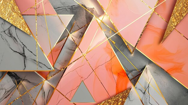 Abstract pink orange gold silver triangle shapes and luxury golden lines