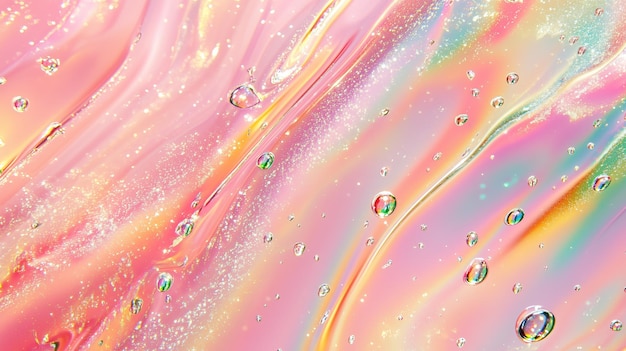 Photo abstract pink and rainbow liquid texture with droplets glistening under soft light in a dreamy colorful environment