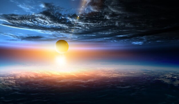 Abstract planets and space texture with sunrise and clouds