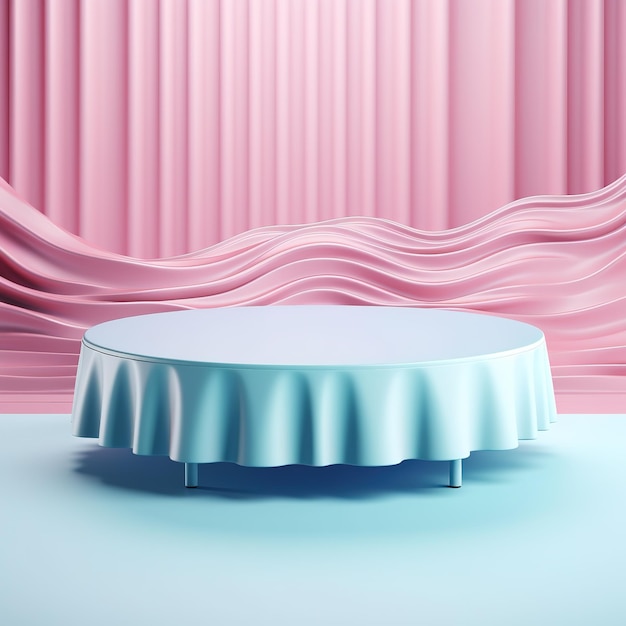 Abstract platform podium on water and waving curtains Realistic pastel mockup for products