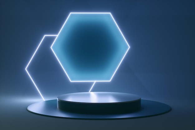 Abstract podium from neon futuristic hexagon 3d render illustration