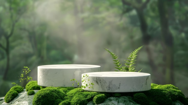 Abstract podium for organic cosmetic products Natural style Marble podium with green moss