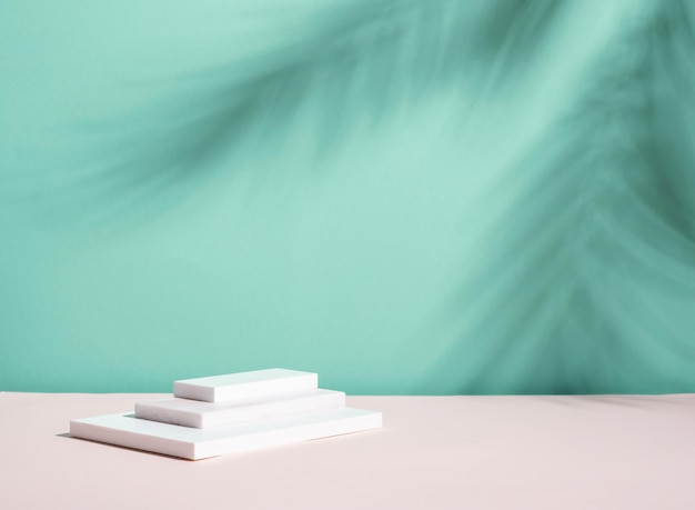 Abstract podium pedestal from white marble blue menthol empty background deep shadows from plant