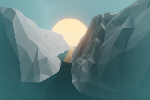 Abstract polygonal glaciers landscape ocean with Sunset 3d rendering illustration B