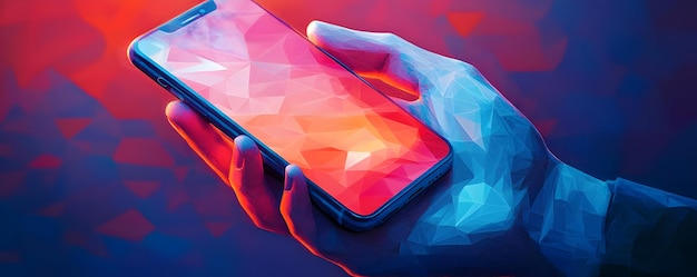 Photo abstract polygonal hand holding smartphone illustration