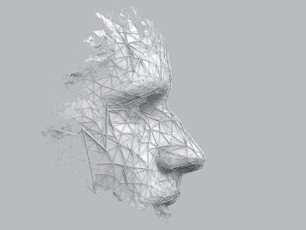 Abstract polygonal human face 3d illustration of a cyborg head construction artificial intelligence concept