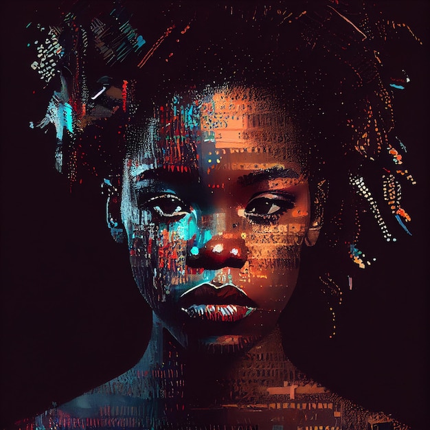 Abstract portrait of African American woman with glitch effect illustration Generative AI