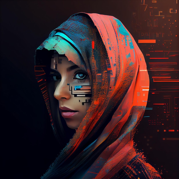 Abstract portrait of arab woman with glitch effect illustration Generative AI