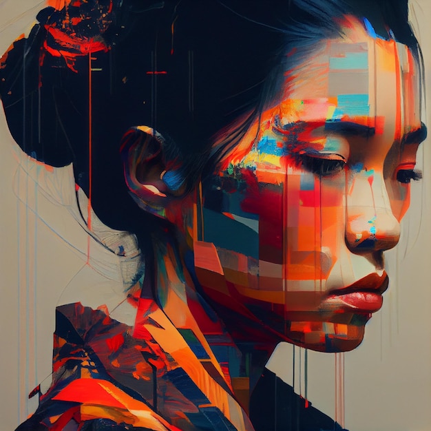 Abstract portrait of Asian woman with glitch effect illustration Generative AI