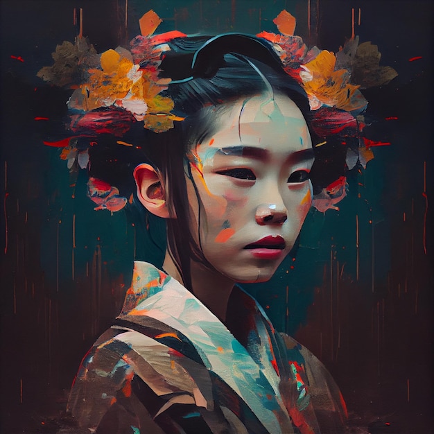 Abstract portrait of Asian woman with glitch effect illustration Generative AI