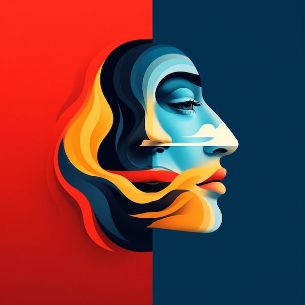 Abstract portrait of a beautiful woman with blue and orange hair Vector illustration