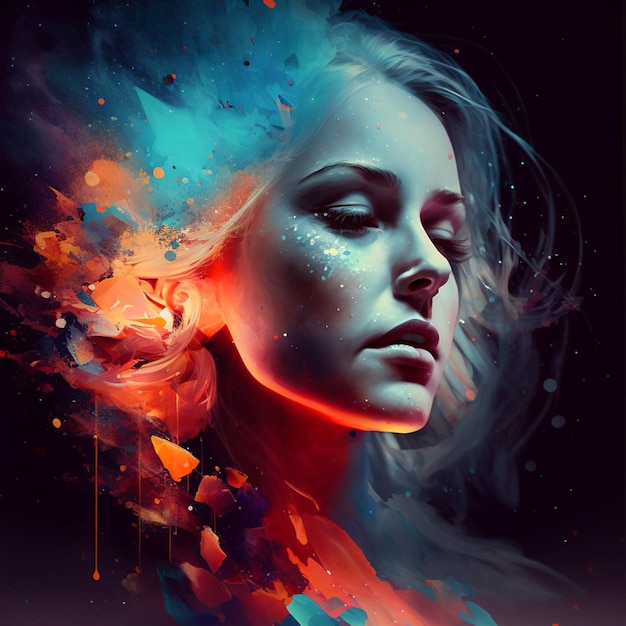 Abstract Portrait of a Beautiful Woman with a Double Exposure and Colorful Digital Paint Splash