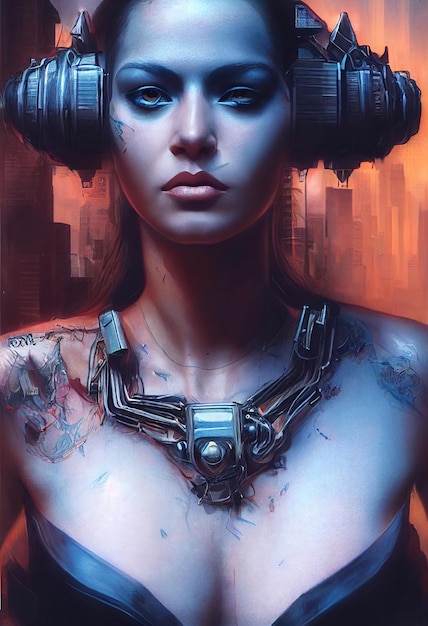 Abstract portrait of a cyberpunk girl Hightech futuristic woman from the future