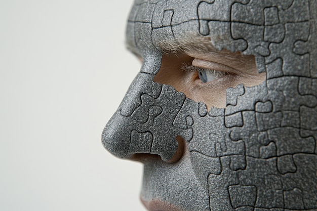 Photo abstract portrait of a man with a puzzle piece face symbolizing the search for identity and the cha