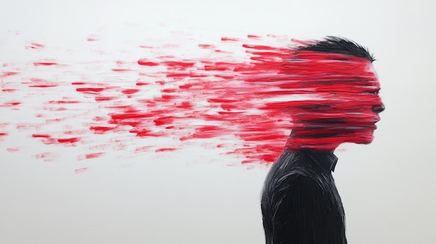 Photo abstract portrait of a person with a blurred red background representing motion and emotion