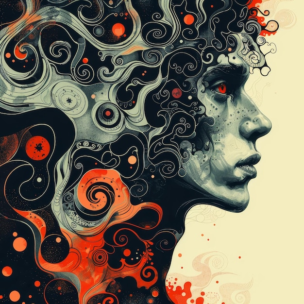 Abstract Portrait with Intricate Swirls and Vibrant Colors