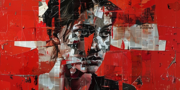 Abstract Portrait of a Woman in Fragmented Collage with Bold Red Background