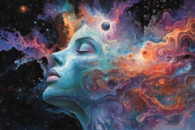 Photo abstract portrait of a woman swirling in a cosmic nebula