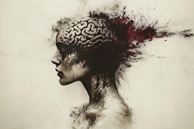 Abstract portrait of a woman with a brain made of tangled threads symbolizing mental struggle compl