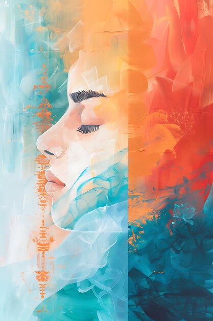 Abstract Portrait of a Woman With Closed Eyes in a Blue and Orange Watercolor Design