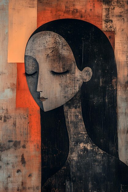 Abstract portrait of a woman with closed eyes painted with dark textured brushstrokes and orange brown and black colors