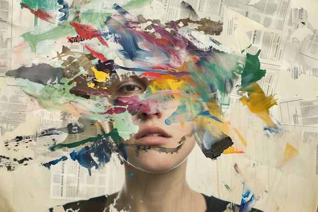 Abstract Portrait of Woman with Colorful Paint Smears and Newspaper Background