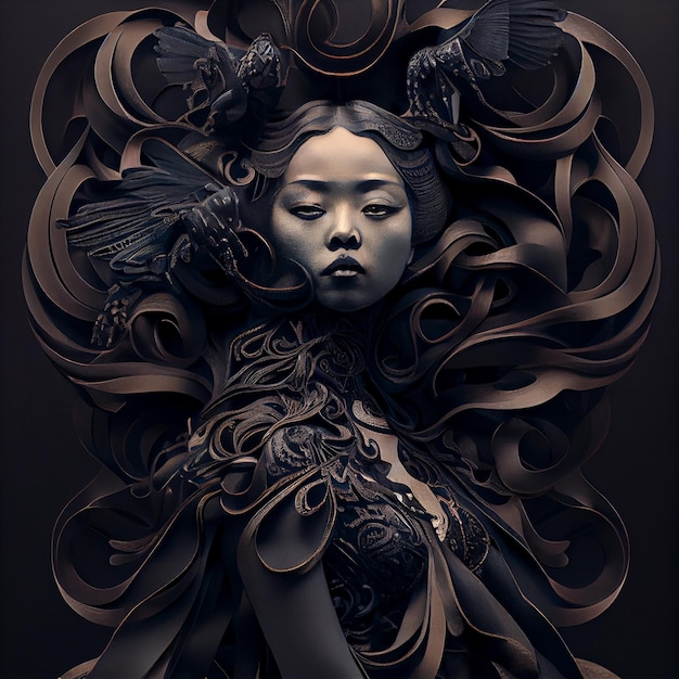 Abstract portrait of woman with dark ornaments 3d render