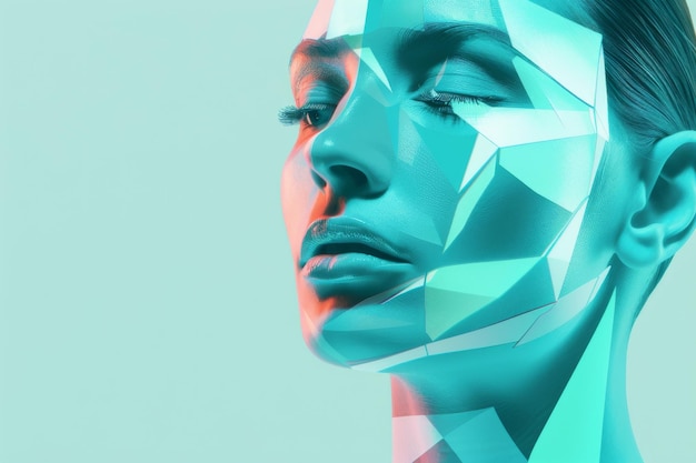 Abstract portrait of a woman with geometric face art in a turquoise and pink color scheme