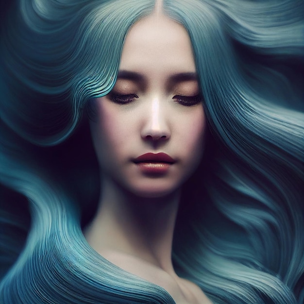 Abstract portrait of woman with long hair 3d rendering