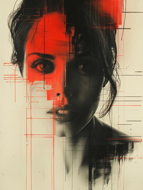 Abstract Portrait of a Woman With Red and Black Geometric Patterns