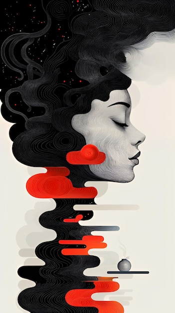 Abstract Portrait of a Woman with Red and Black Swirls