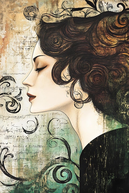 Abstract Portrait of a Woman with Swirls and Vintage Texture