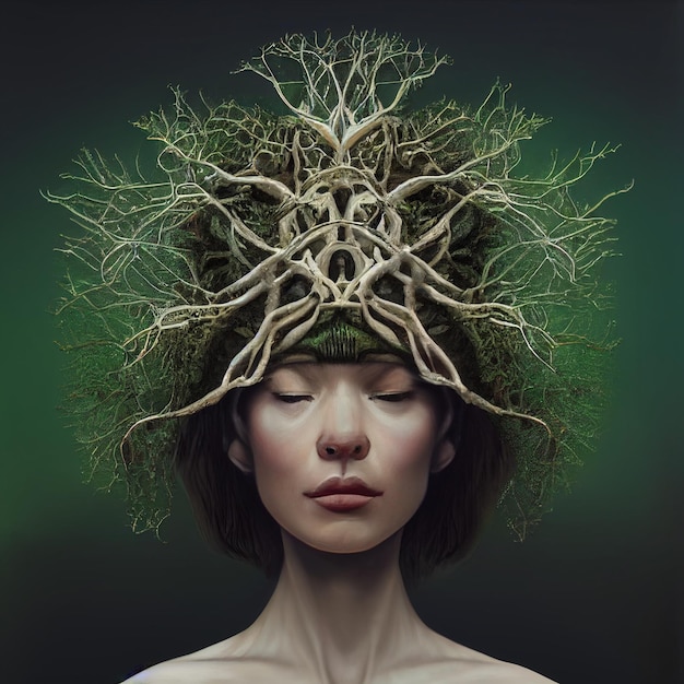 Abstract portrait of woman with tree on head illustration