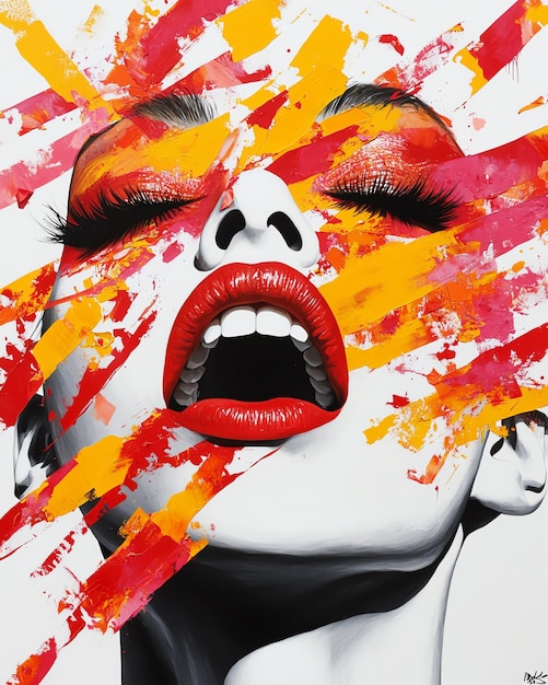 Photo abstract portrait of a woman with vibrant red and yellow paint strokes across her face she is screaming with her eyes closed