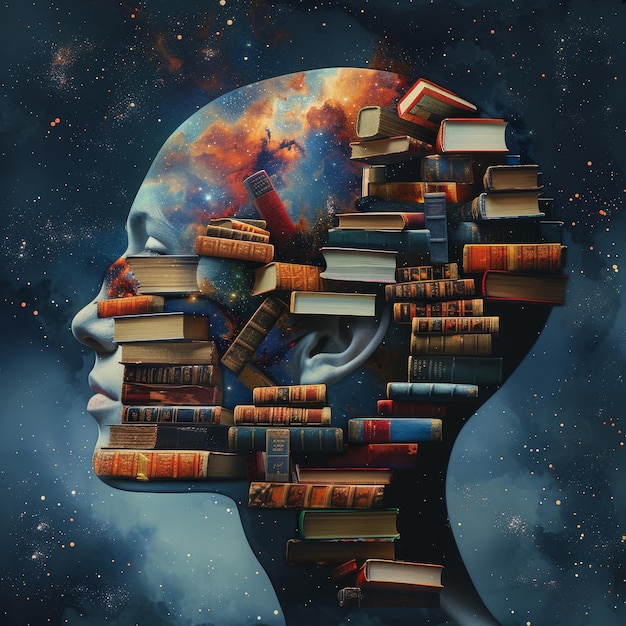 Photo an abstract portrayal of a head filled with books and a cosmic backdrop symbolizing exploration of k