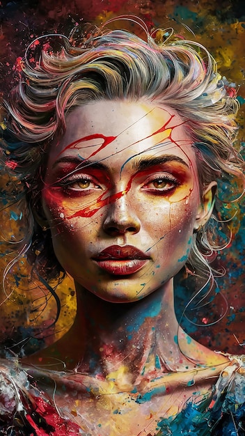 abstract portrayal of a womans face intertwined with vibrant splashes of colors