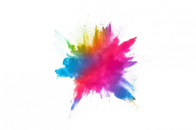 Abstract powder splatted background. Colorful powder explosion on white background. 