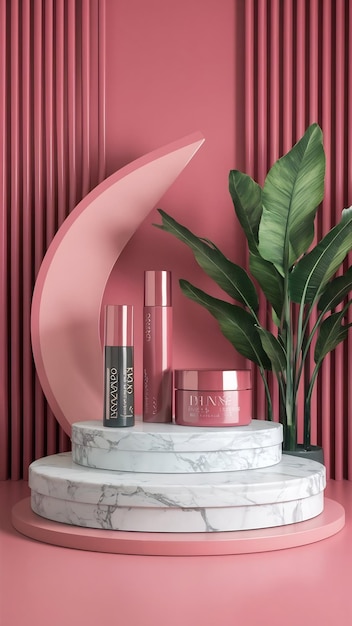 Abstract premium mock up marble podium stage with pink curve and cosmetics 3d illustration