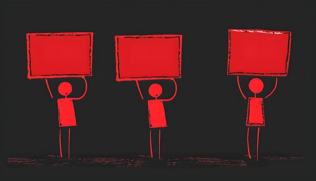 Abstract Protest Illustration with Stick Figures Holding Red Signs