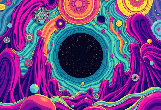 Abstract psychedelic illustration with bright colors and swirling shapes