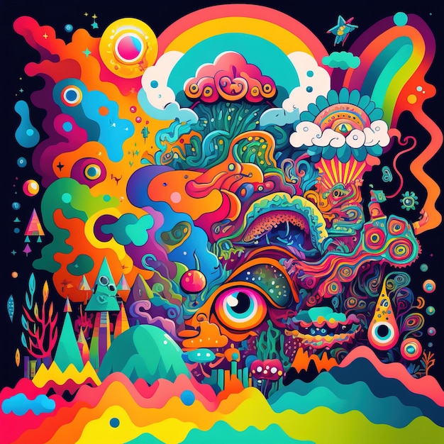 abstract psychedelic neon cartoon of dream world background graffiti art generative AI