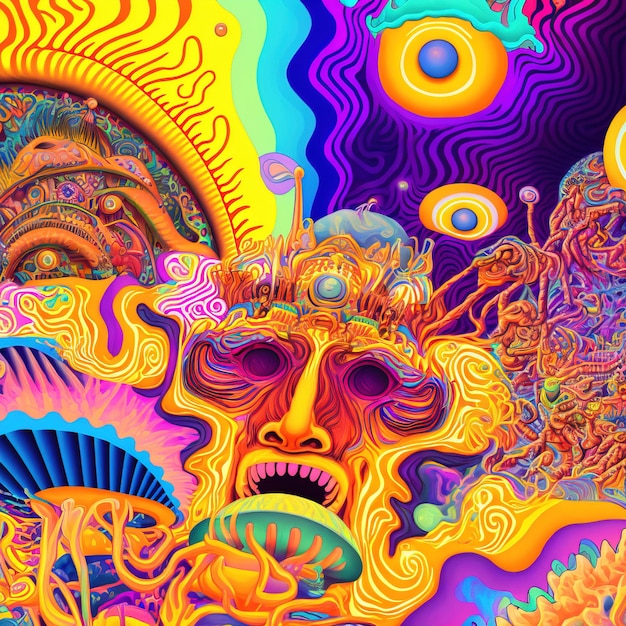 abstract psychedelic neon cartoon of dream world background graffiti art generative AI