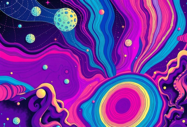 Photo abstract psychedelic space pattern with colorful planets and swirling galaxy