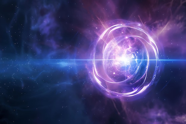 Photo abstract purple and blue nebula with glowing sphere