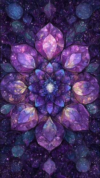 Photo abstract purple flower mandala with cosmic background