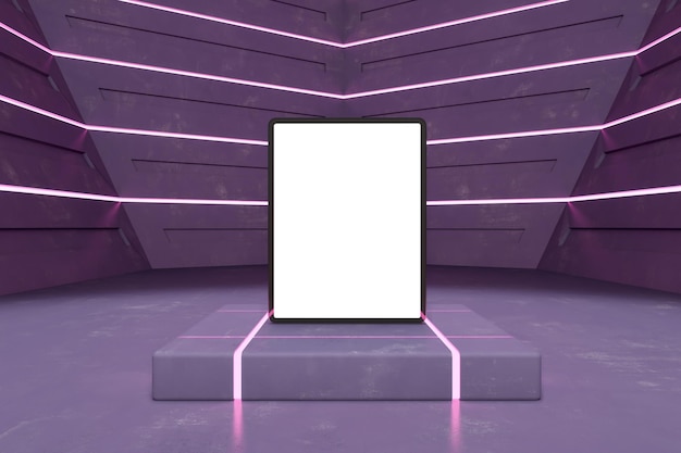 Abstract purple futuristic interior with empty white tablet screen on pedestal and mock up place for presentation 3D Rendering