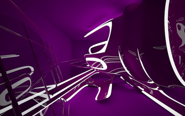 Abstract purple interior with glowing white lines. 3D illustration. 3D rendering