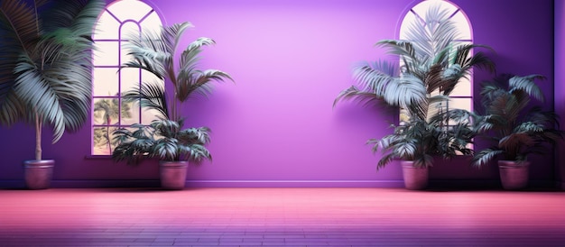 abstract purple studio background with an empty room featuring shadows of windows flowers and